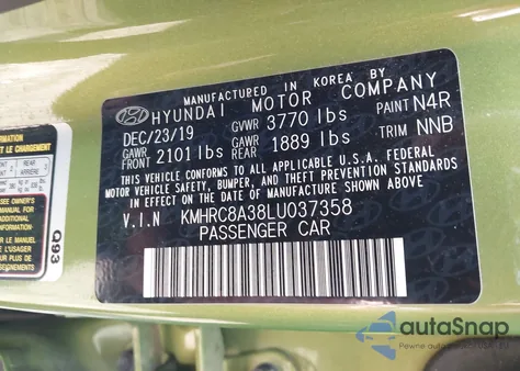 2020 Hyundai Venue Sel z USA, uszkodzony, nr VIN KMHRC8A38LU037358